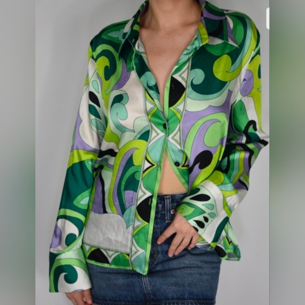 Zara Satin Green Psychedelic Button Down Shirt